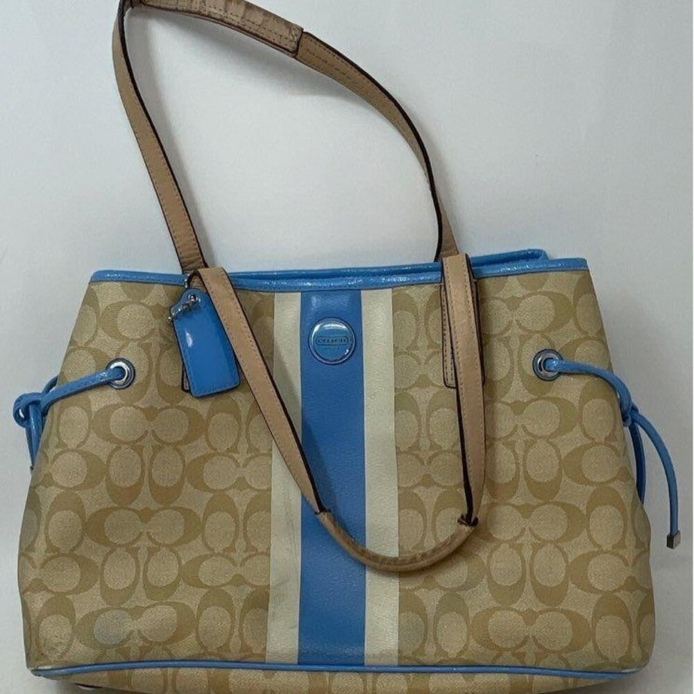 Coach Leather Signature Blue Stripe Carryall Tote Bag - Picture 2 of 8
